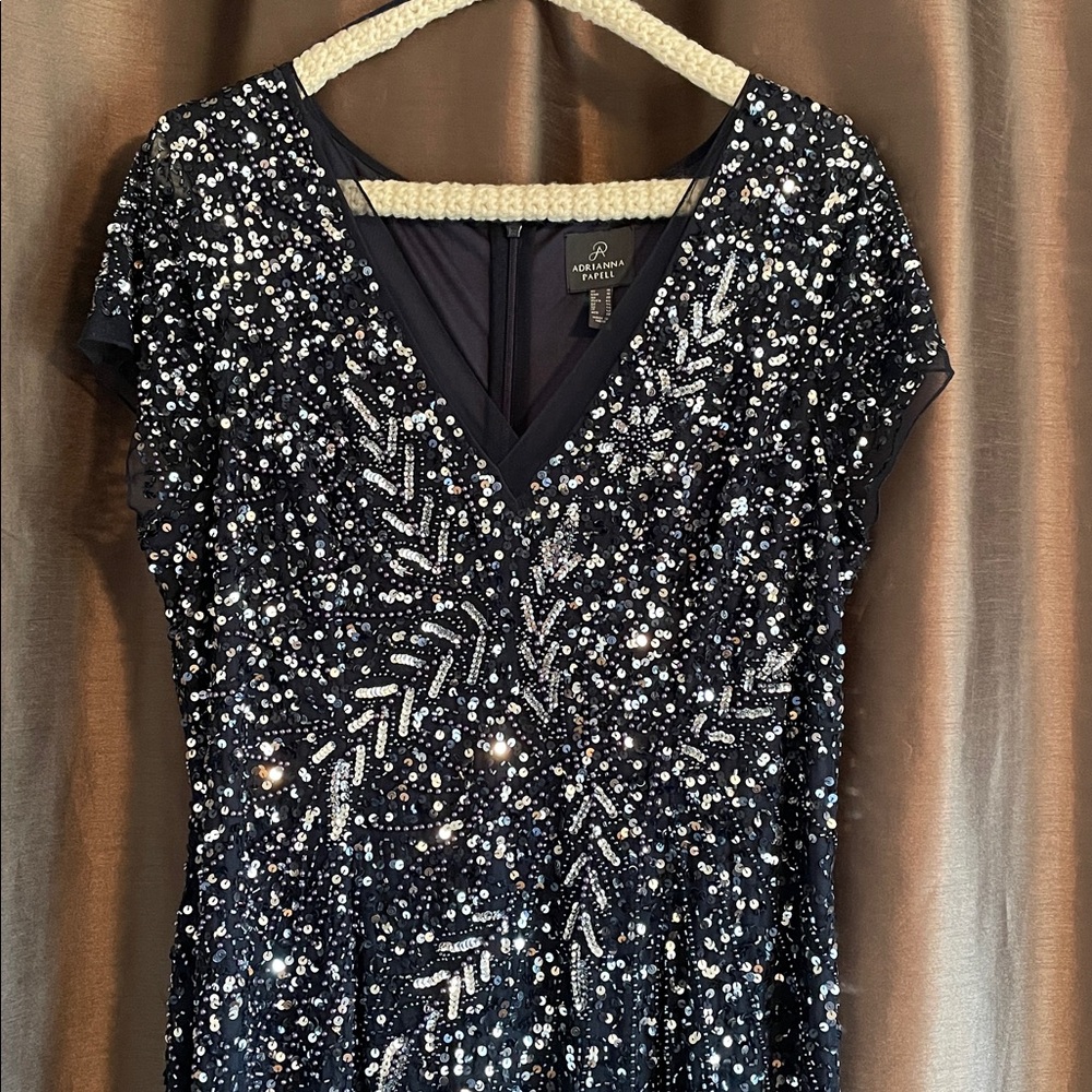 Adrianna Papell Navy Beaded Mesh V-Neck Evening Gown